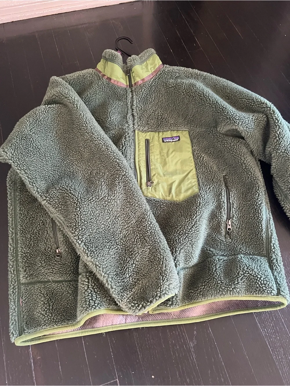 Patagonia Olive Green Sherpa Fleece Jacket with Lime Pocket